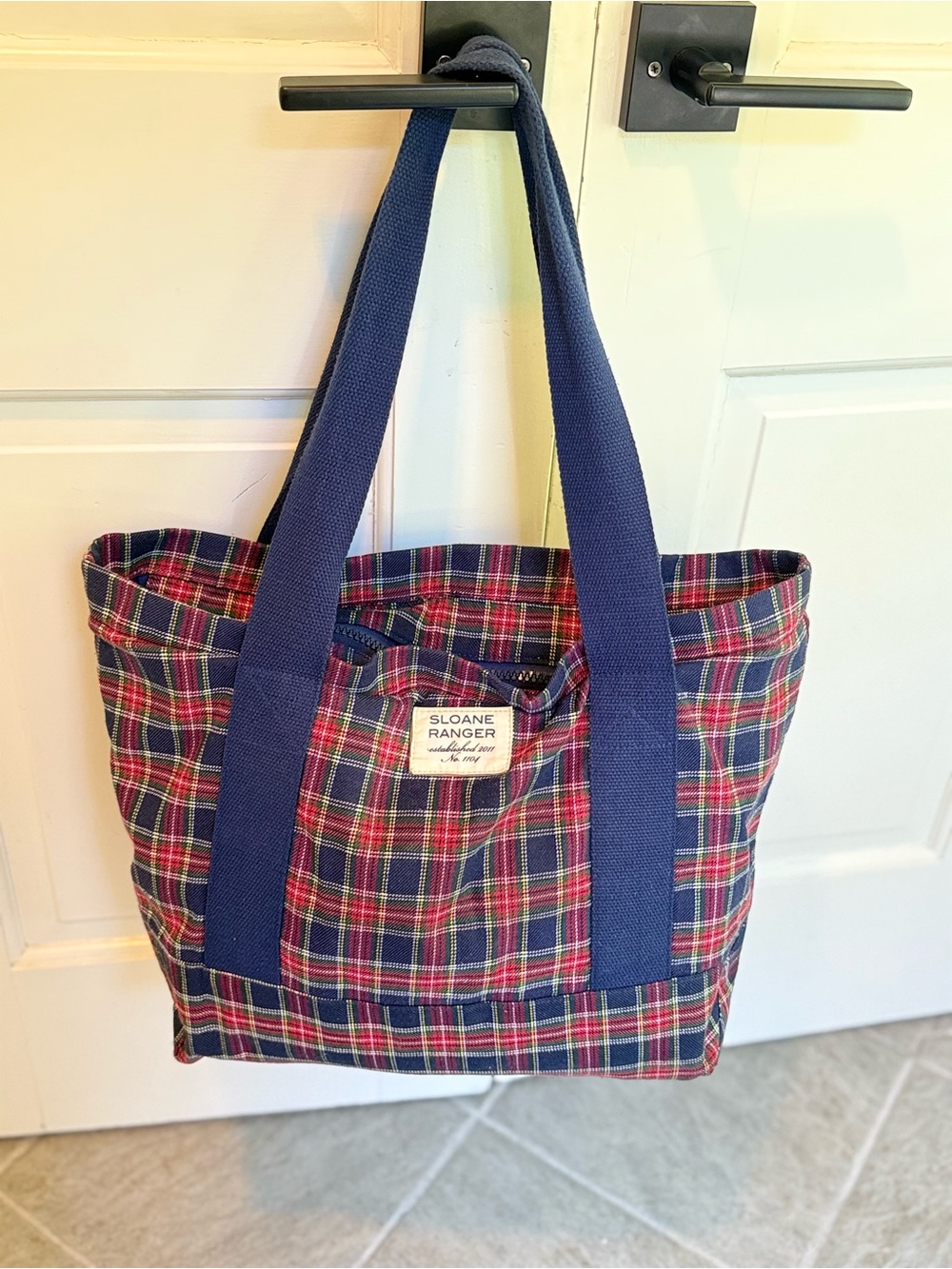 Large Sloane Ranger Tote - “Ginny” embroidery - red & blue plaid